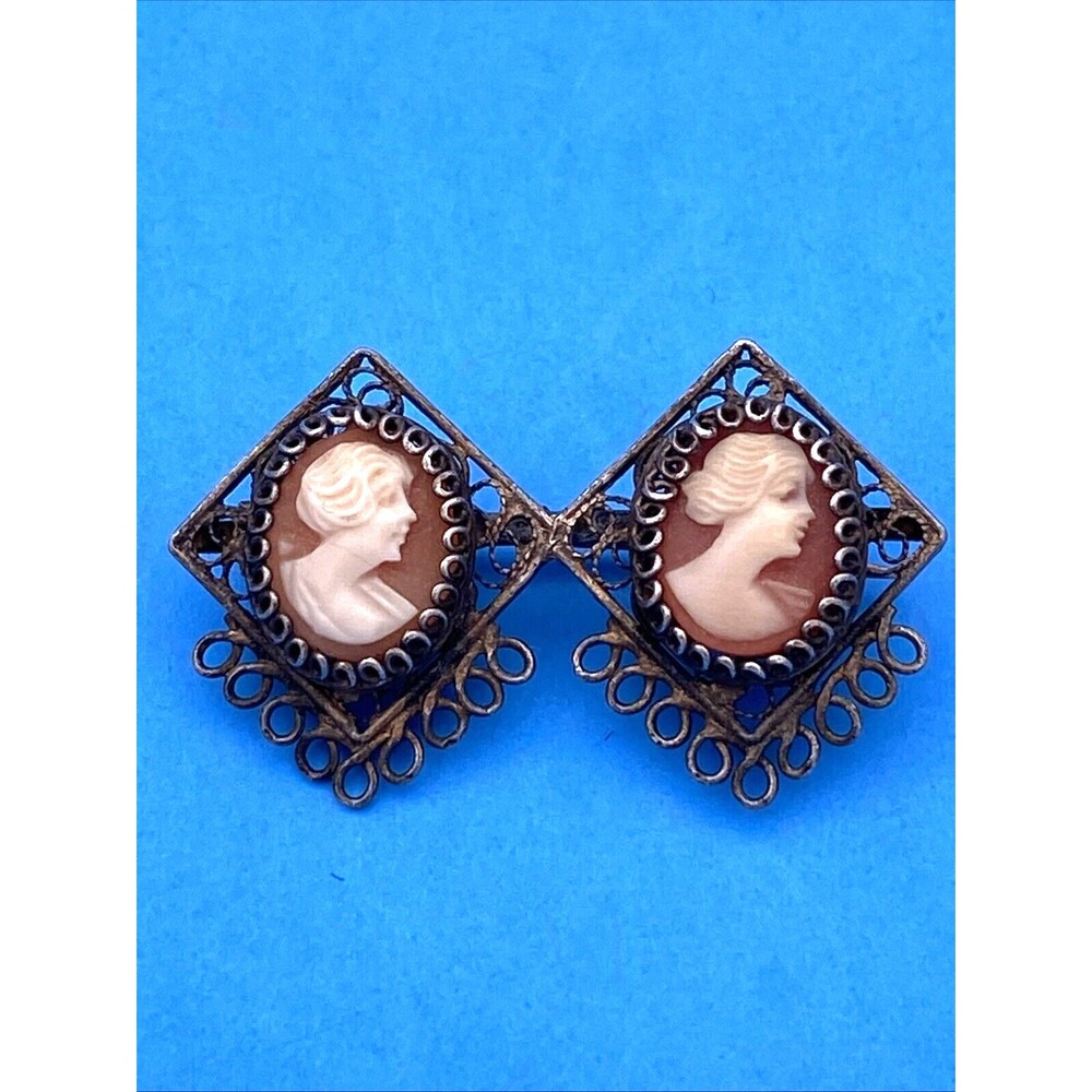 Unique Silver Filigree Antique Double Cameo Brooch/Pin Italy